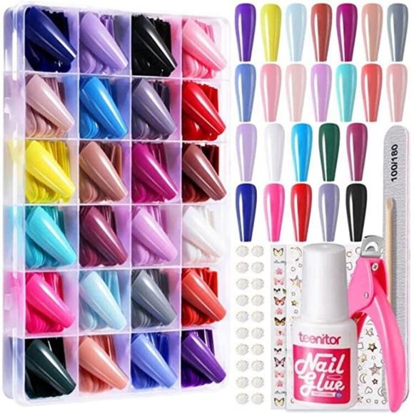 Teenitor Long Coffin Press On Nails Full Cover Coffin Nail Tips, 576pcs Coffin